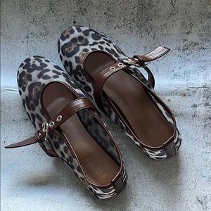 Leopard Print Mary Jane Flats with Brown Strap